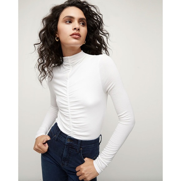VERONICA BEARD JEANS | Soft-Stretch Theresa Ruched Turtleneck in White | Size S - Picture 2 of 9